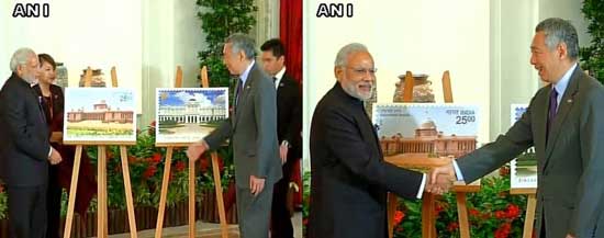 Prime Minister Narendra Modi and Singapore Prime Minister Lee Hsien Loong releasing India - Singapore Joint issue commemorative stamps